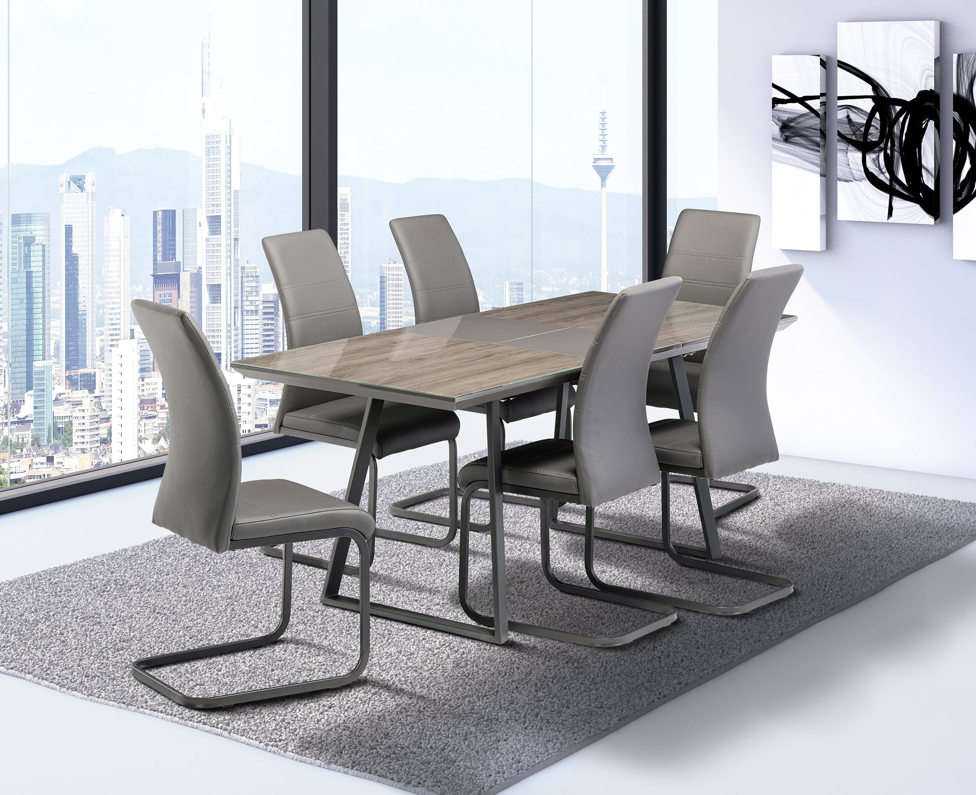 Massack Grey Oak Paper With Glass Top 1.4m Dining Table Set & 6 Chairs